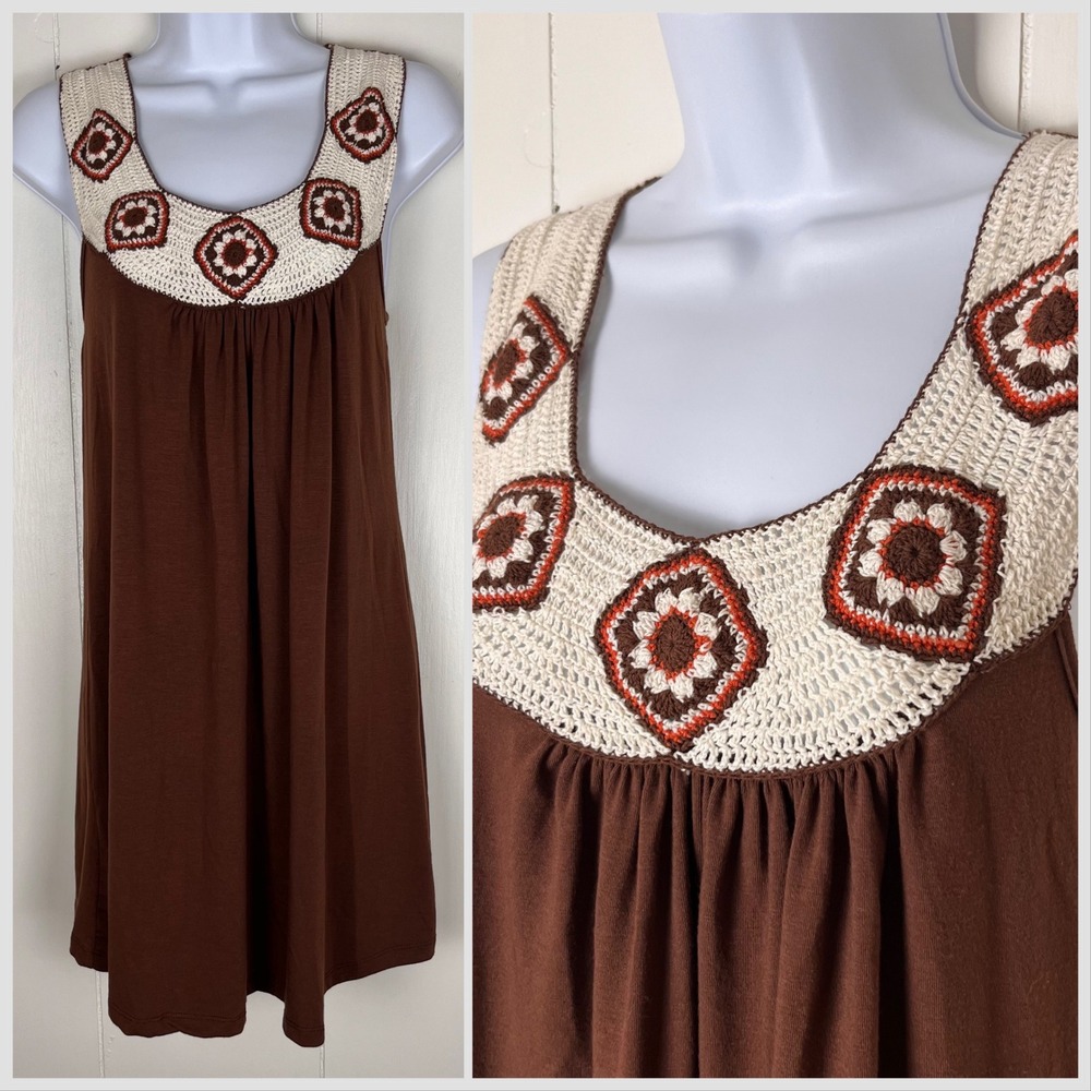 Womens Y2K Brown Crochet Swing Dress M Boho‎ Empire Waist Festival Granny Square
